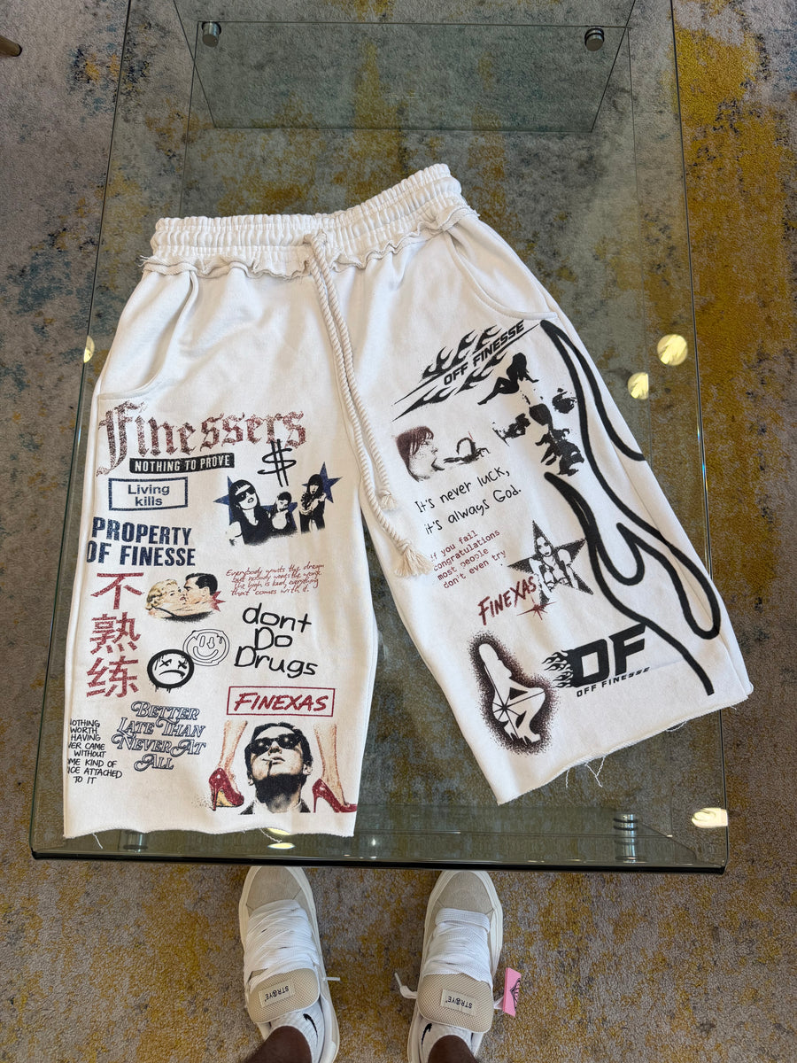 FINESSERS PRINTED SWEAT SHORTS - WHITE
