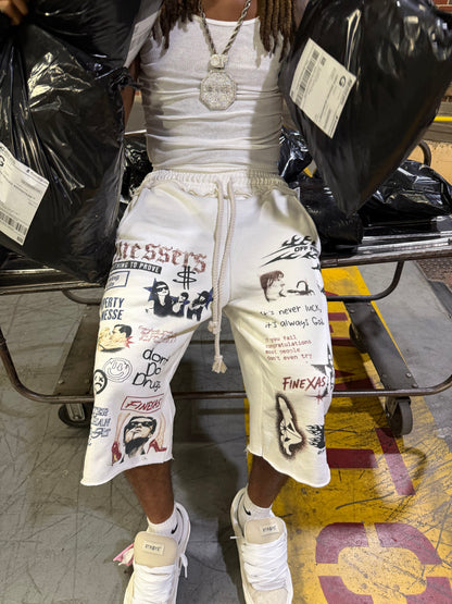 FINESSERS PRINTED SWEAT SHORTS - WHITE