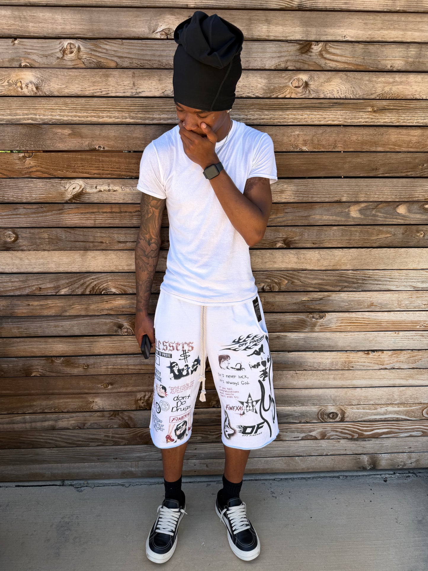 FINESSERS PRINTED SWEAT SHORTS - WHITE
