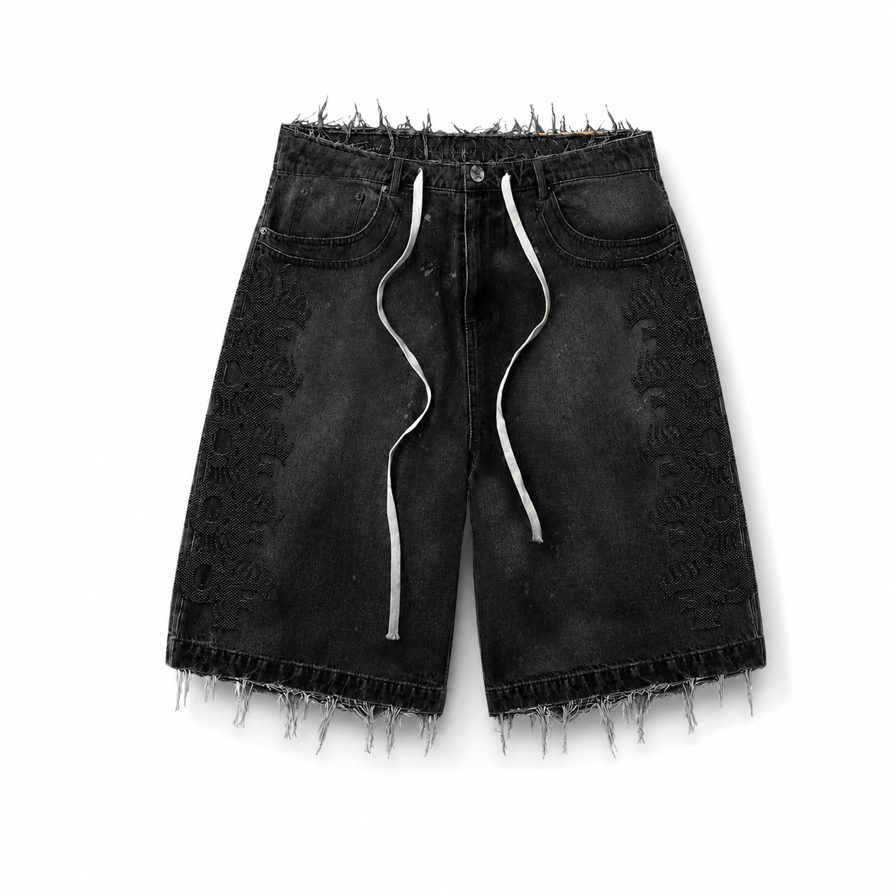 DISTRESSED RHINESTONE DENIM SHORTS