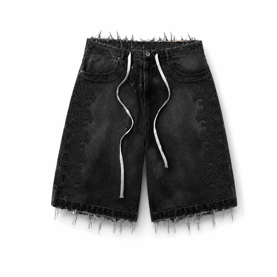 DISTRESSED RHINESTONE DENIM SHORTS